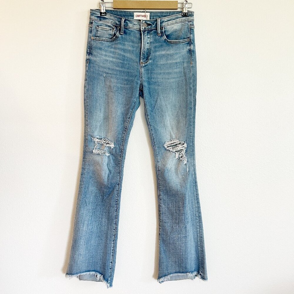Driftwood Jeans 27 Isabel Flare Distressed Raw Hem Medium Wash Stretch